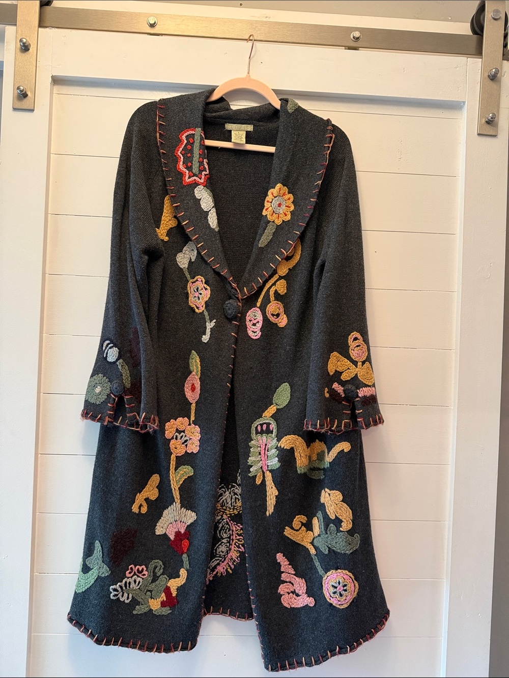 Relais Knitware Black Embroidered Floral Coatigan with Multicolor Appliqué